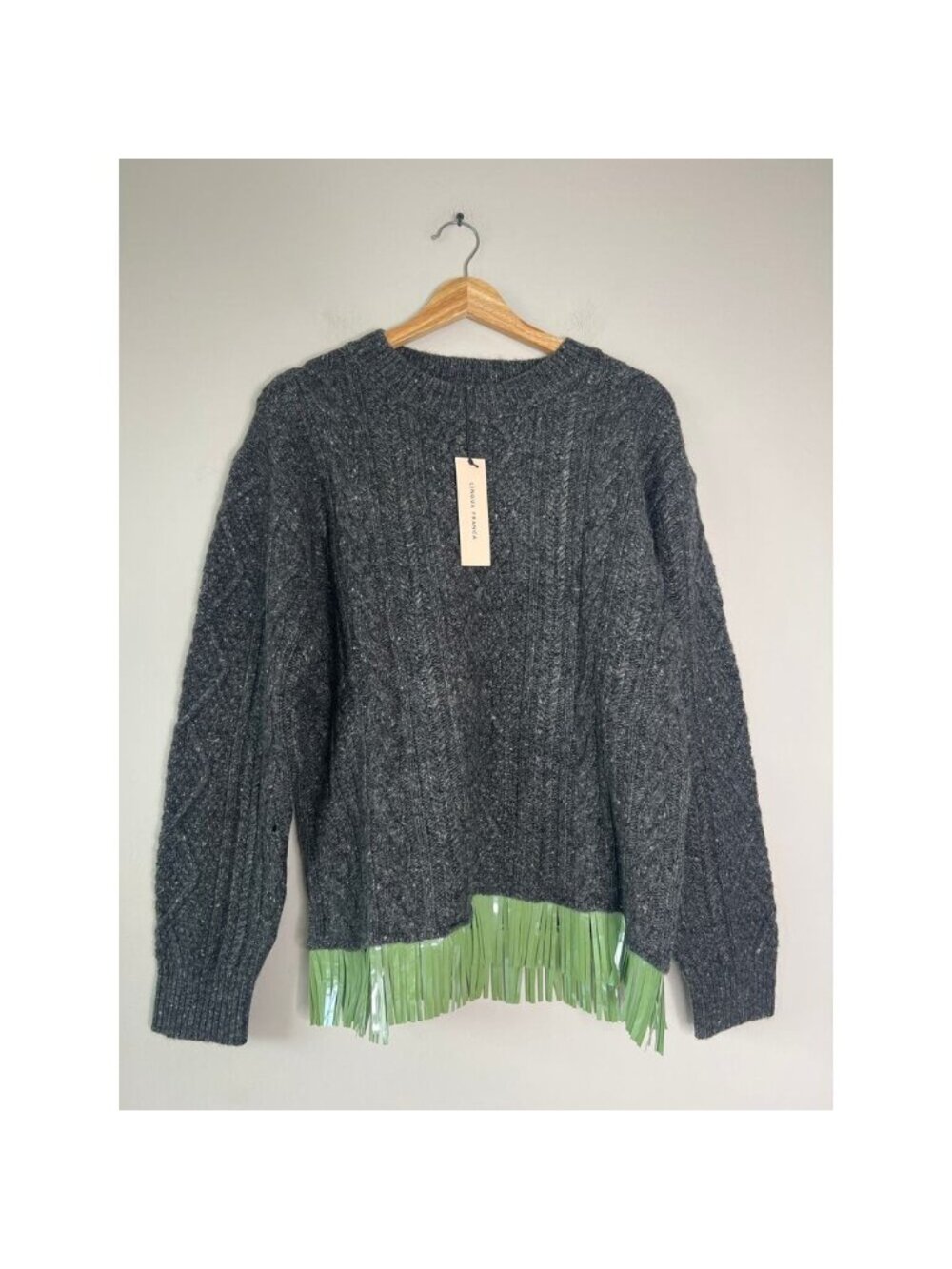 NWT Lingua Franca Bianca Crew Sequin Fringe Sweater Charcoal Gray Size: Small - Picture 2 of 8